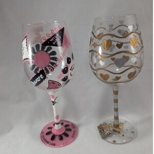 Lolita Bachelorette Wine Glass Set Bride To Be Hand Painted Hearts Pink Gold 2pc